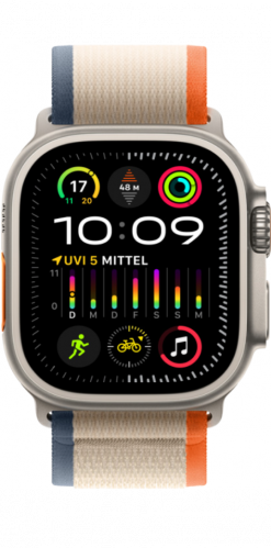 apple watch Ultra 2 mit weißem Armband an dem rechts und links ein blauer bzw. roter Stereifen sind