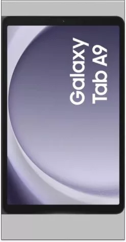 Vorder- und Rückansicht eines Samsung Galaxy Tab A8-Tablets mit einer einzelnen Rückkamera und dem auf dem Bildschirm angezeigten Gerätenamen.