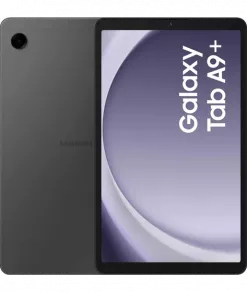 Vorder- und Rückansicht eines Samsung Galaxy Tab A9 Plus-Tablets mit einer einzelnen Rückkamera und dem auf dem Bildschirm angezeigten Gerätenamen.