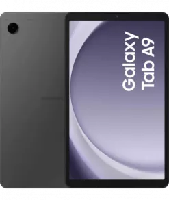 Vorder- und Rückansicht eines Samsung Galaxy Tab A9-Tablets mit einer einzelnen Rückkamera und dem auf dem Bildschirm angezeigten Gerätenamen.