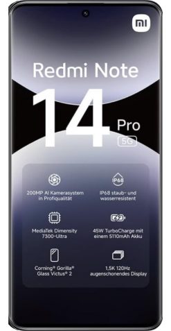 Vorderseite eine Xiaomi Redmi Note 14 Pro Smartphones.