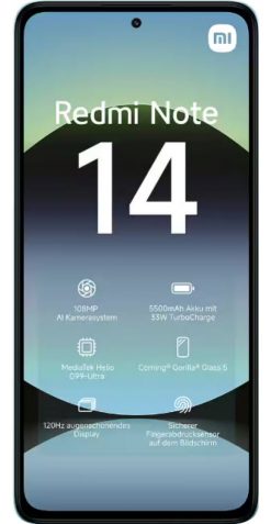 Vorderseite eine Xiaomi Redmi Note 14 Smartphones.