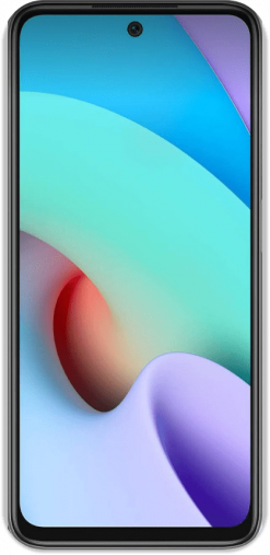 Ein Smartphone mit einem schwarzen Rahmen, auf dessen Bildschirm ein buntes abstraktes Hintergrundbild zu sehen ist, von vorne betrachtet.