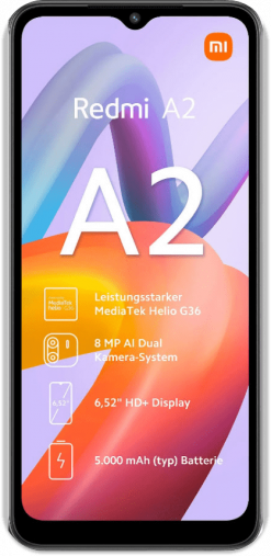 Ein Xiaomi Redmi A2 Smartphone, das seine Funktionen zeigt, darunter ein MediaTek Helio G36 Chip, eine 8 MP Dual AI Kamera, ein 6,52" HD+ Display und ein 5.000 mAh Akku.