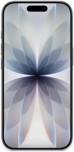 Ein iphone 17 Smartphone mit einem schwarzen Rahmen, auf dessen Bildschirm ein buntes abstraktes Hintergrundbild zu sehen ist, von vorne betrachtet.