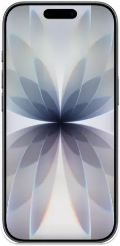Ein iphone 17 Smartphone mit einem schwarzen Rahmen, auf dessen Bildschirm ein buntes abstraktes Hintergrundbild zu sehen ist, von vorne betrachtet.
