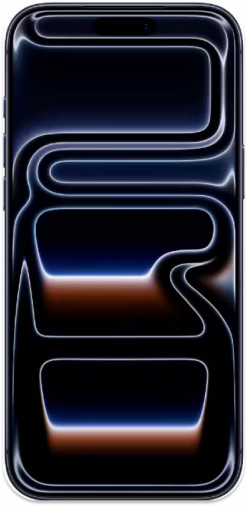 Ein iphone 17 pro max Smartphone mit einem schwarzen Rahmen, auf dessen Bildschirm ein buntes abstraktes Hintergrundbild zu sehen ist, von vorne betrachtet.