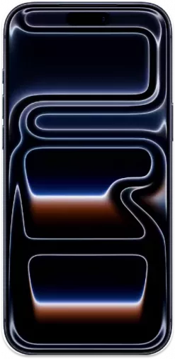 Ein iphone 17 pro max Smartphone mit einem schwarzen Rahmen, auf dessen Bildschirm ein buntes abstraktes Hintergrundbild zu sehen ist, von vorne betrachtet.