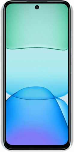 Ein Smartphone mit einem schwarzen Rahmen, auf dessen Bildschirm ein buntes abstraktes Hintergrundbild zu sehen ist, von vorne betrachtet.