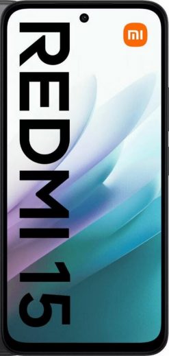 Ein Smartphone mit einem schwarzen Rahmen, auf dessen Bildschirm ein buntes abstraktes Hintergrundbild zu sehen ist, von vorne betrachtet.