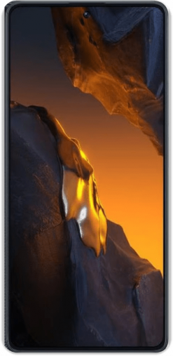 Ein Xiaomi Poco F5 Smartphone mit einem schwarzen Rahmen, auf dessen Bildschirm ein buntes abstraktes Hintergrundbild zu sehen ist, von vorne betrachtet.