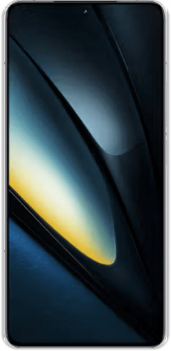 Ein Xiaomi Poco F6 Smartphone mit einem schwarzen Rahmen, auf dessen Bildschirm ein buntes abstraktes Hintergrundbild zu sehen ist, von vorne betrachtet.