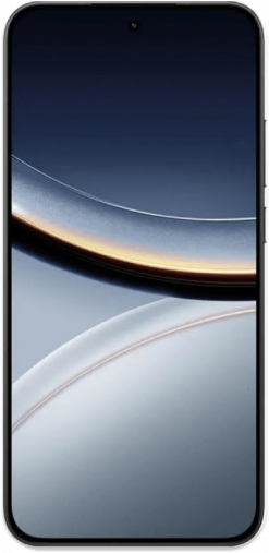 Ein Xiaomi Poco F7 Smartphone mit einem schwarzen Rahmen, auf dessen Bildschirm ein buntes abstraktes Hintergrundbild zu sehen ist, von vorne betrachtet.