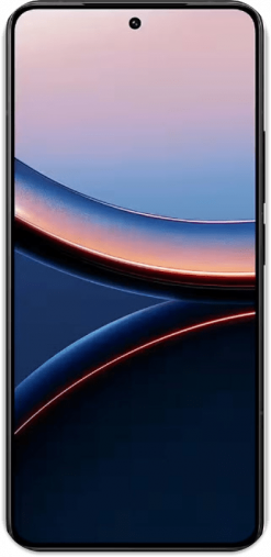 Ein Xiaomi Poco F7 Ultra Smartphone mit einem schwarzen Rahmen, auf dessen Bildschirm ein buntes abstraktes Hintergrundbild zu sehen ist, von vorne betrachtet.