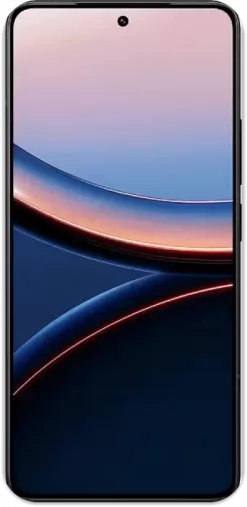 Ein Xiaomi Poco F7 Ultra Smartphone mit einem schwarzen Rahmen, auf dessen Bildschirm ein buntes abstraktes Hintergrundbild zu sehen ist, von vorne betrachtet.