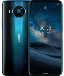 Ein Nokia 8.4 Smartphone mit einem schwarzen Rahmen, auf dessen Bildschirm ein buntes abstraktes Hintergrundbild zu sehen ist.
