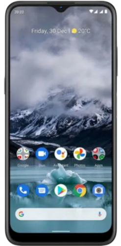 Ein Nokia G11 Smartphone mit einem schwarzen Rahmen, auf dessen Bildschirm ein buntes abstraktes Hintergrundbild zu sehen ist.