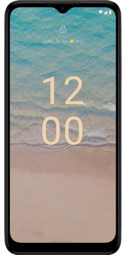 Ein Nokia G22 Smartphone mit einem schwarzen Rahmen, auf dessen Bildschirm ein buntes abstraktes Hintergrundbild zu sehen ist.