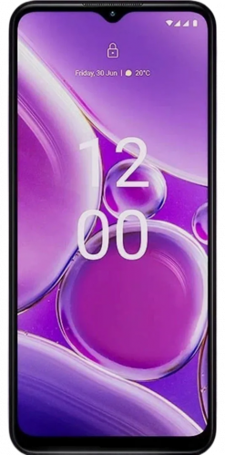 Ein Nokia G42 Smartphone mit einem schwarzen Rahmen, auf dessen Bildschirm ein buntes abstraktes Hintergrundbild zu sehen ist.