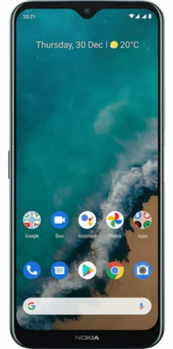 Ein Nokia G50 Smartphone mit einem schwarzen Rahmen, auf dessen Bildschirm ein buntes abstraktes Hintergrundbild zu sehen ist.