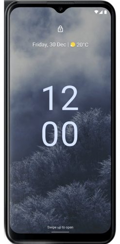 Ein Nokia G60 Smartphone mit einem schwarzen Rahmen, auf dessen Bildschirm ein buntes abstraktes Hintergrundbild zu sehen ist.