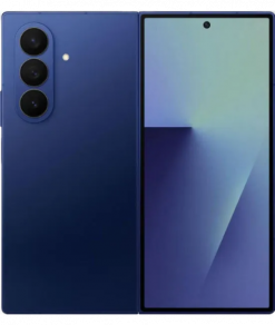 Ein Samsung Z Fold 7 Smartphone mit einem schwarzen Rahmen, auf dessen Bildschirm ein buntes abstraktes Hintergrundbild zu sehen ist.