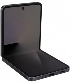 Ein im 90° aufgeklapptes Samsung Flip 6 Smartphone mit einem schwarzen Rahmen und schwarzem Bildschirm.