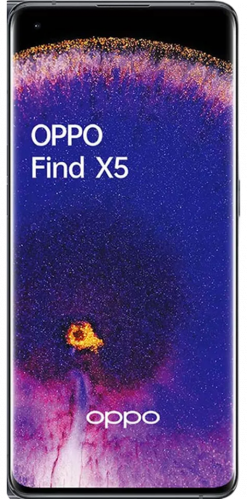 Ein Oppo Find X5 Smartphone mit einem schwarzen Rahmen, auf dessen Bildschirm ein buntes abstraktes Hintergrundbild zu sehen ist.