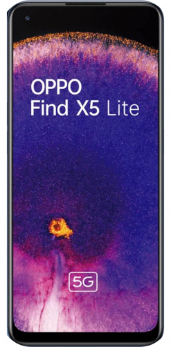 Ein Oppo Find X5 Lite Smartphone mit einem schwarzen Rahmen, auf dessen Bildschirm ein buntes abstraktes Hintergrundbild zu sehen ist.