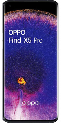 Ein Oppo Find X5 Pro Smartphone mit einem schwarzen Rahmen, auf dessen Bildschirm ein buntes abstraktes Hintergrundbild zu sehen ist.