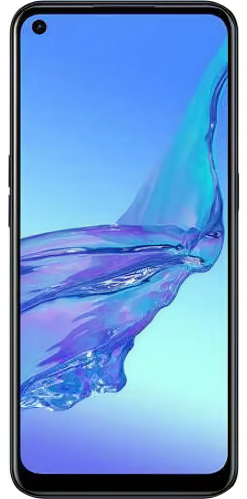 Ein Oppo A53 Smartphone mit einem schwarzen Rahmen, auf dessen Bildschirm ein buntes abstraktes Hintergrundbild zu sehen ist.