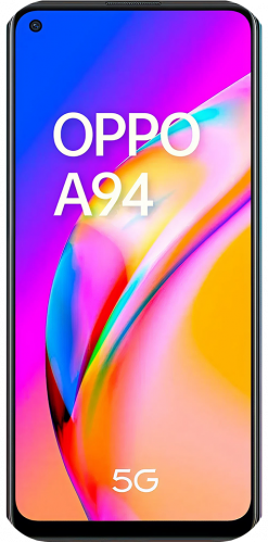 Ein Oppo A95 Smartphone mit einem schwarzen Rahmen, auf dessen Bildschirm ein buntes abstraktes Hintergrundbild zu sehen ist.
