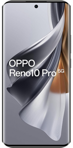Ein Oppo Reno 10 Pro Smartphone mit einem schwarzen Rahmen, auf dessen Bildschirm ein buntes abstraktes Hintergrundbild zu sehen ist.