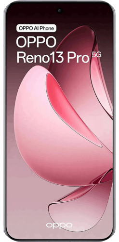 Ein Oppo Reno 13 Pro Smartphone mit einem schwarzen Rahmen, auf dessen Bildschirm ein buntes abstraktes Hintergrundbild zu sehen ist.