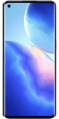 Ein Oppo Reno 5 Smartphone mit einem schwarzen Rahmen, auf dessen Bildschirm ein buntes abstraktes Hintergrundbild zu sehen ist.