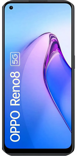 Ein Oppo Reno 8 Smartphone mit einem schwarzen Rahmen, auf dessen Bildschirm ein buntes abstraktes Hintergrundbild zu sehen ist.