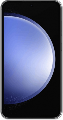 Ein Samsung Galaxy S23 FE Smartphone mit einem schwarzen Rahmen, auf dessen Bildschirm ein buntes abstraktes Hintergrundbild zu sehen ist.