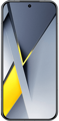 Ein Xiaomi Poco F8 Pro Smartphone mit einem schwarzem Rahmen, auf dessen Bildschirm ein buntes abstraktes Hintergrundbild zu sehen ist, von vorne betrachtet.