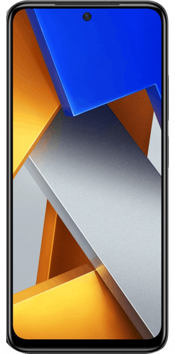 Ein Xiaomi Poco M4 Pro Smartphone mit einem schwarzem Rahmen, auf dessen Bildschirm ein buntes abstraktes Hintergrundbild zu sehen ist, von vorne betrachtet.