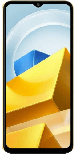 Ein Xiaomi Poco M5 Smartphone mit einem schwarzem Rahmen, auf dessen Bildschirm ein buntes abstraktes Hintergrundbild zu sehen ist, von vorne betrachtet.