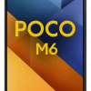 Ein Xiaomi Poco M6 Smartphone mit einem schwarzem Rahmen, auf dessen Bildschirm ein buntes abstraktes Hintergrundbild zu sehen ist, von vorne betrachtet.