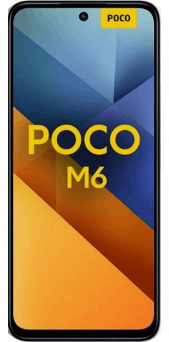 Ein Xiaomi Poco M6 Smartphone mit einem schwarzem Rahmen, auf dessen Bildschirm ein buntes abstraktes Hintergrundbild zu sehen ist, von vorne betrachtet.