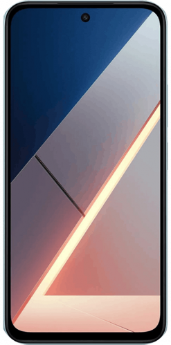 Ein Xiaomi Poco M7 Smartphone mit einem schwarzem Rahmen, auf dessen Bildschirm ein buntes abstraktes Hintergrundbild zu sehen ist, von vorne betrachtet.