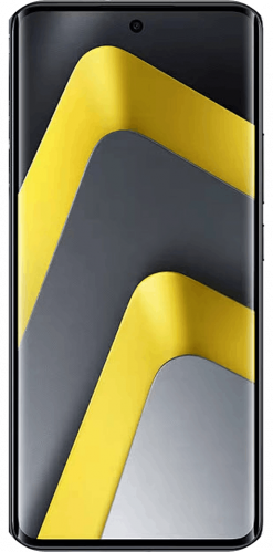 Ein Xiaomi Poco M8 Smartphone mit einem schwarzem Rahmen, auf dessen Bildschirm ein buntes abstraktes Hintergrundbild zu sehen ist, von vorne betrachtet.