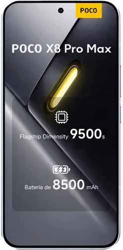Ein Xiaomi Poco X8 Pro Max Smartphone mit einem schwarzem Rahmen, auf dessen Bildschirm ein buntes abstraktes Hintergrundbild zu sehen ist, von vorne betrachtet.