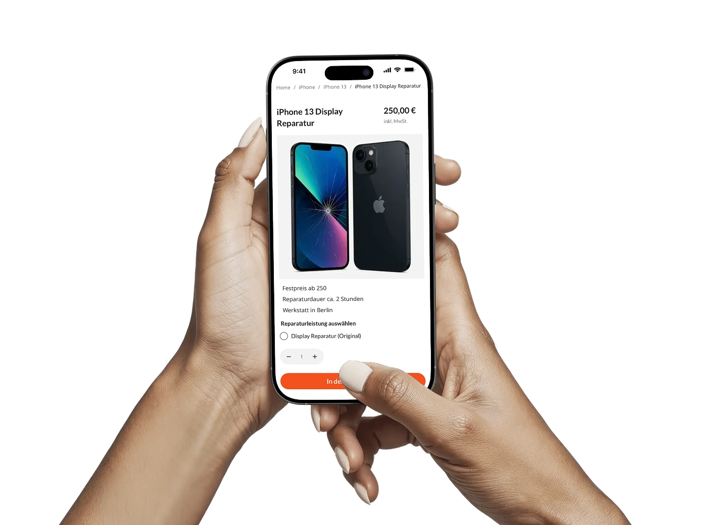 Hände halten ein Smartphone mit der Produktseite „iPhone 13 Display Reparatur“ von House of Mobile & Games: Festpreis und Werkstatt in Berlin.