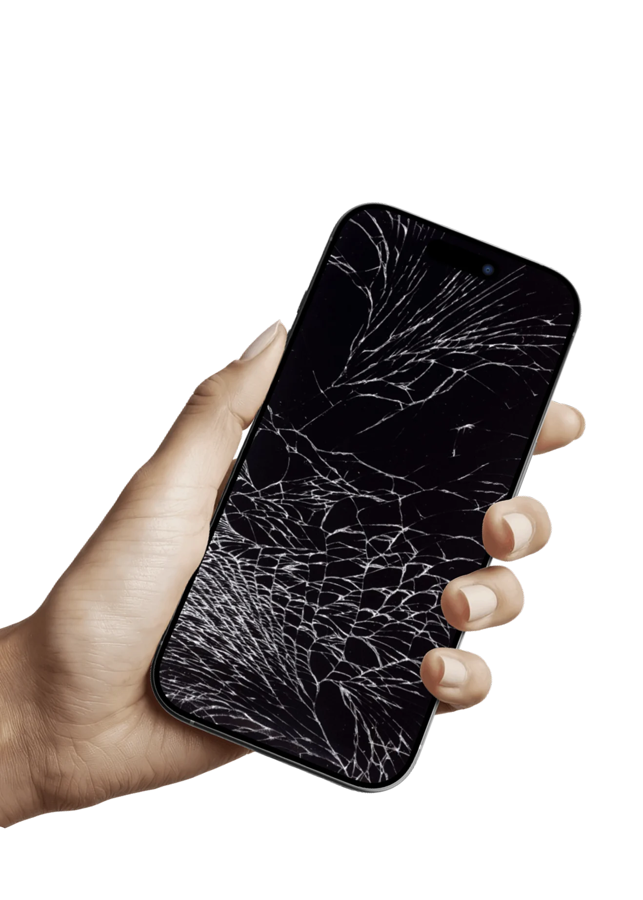 Hand hält Smartphone mit stark beschädigtem, gesprungenem Display vor schwarzem Hintergrund.